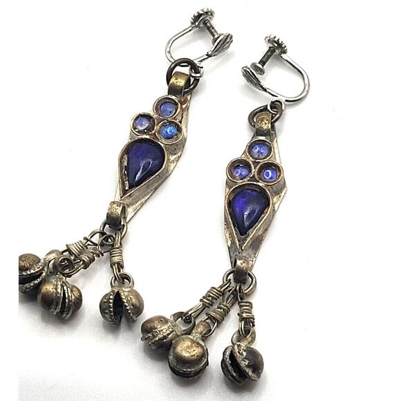 Antique Jewelry - Vintage Twist Back Afghani Belly Dance Silver Earrings Blue Cabochons Bells 3in